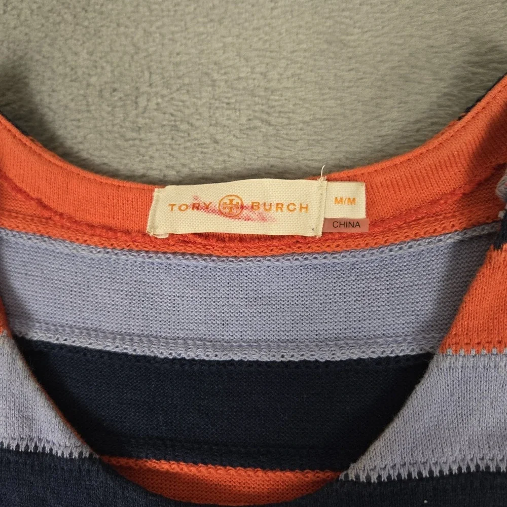 Tory‎ Burch Ariana Dress Womens Medium Orange Blue Striped Sleeveless Fringe